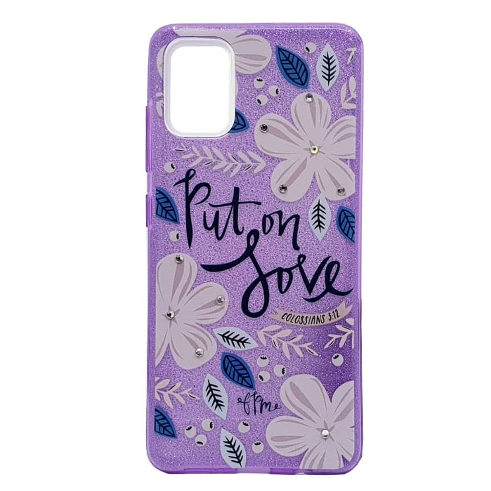 Husa Flowers Glitter pentru Samsung Galaxy S20 Ultra, cu mesaj, mov — principală