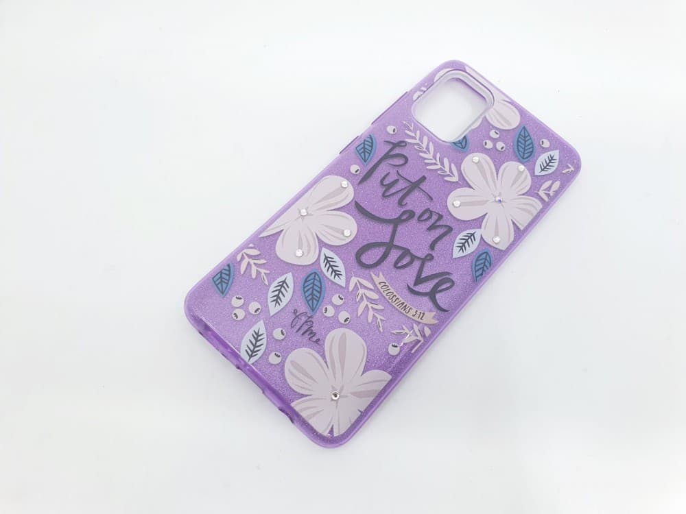 Husa Flowers Glitter pentru Samsung Galaxy S20 Ultra, cu mesaj, mov — varianta 2