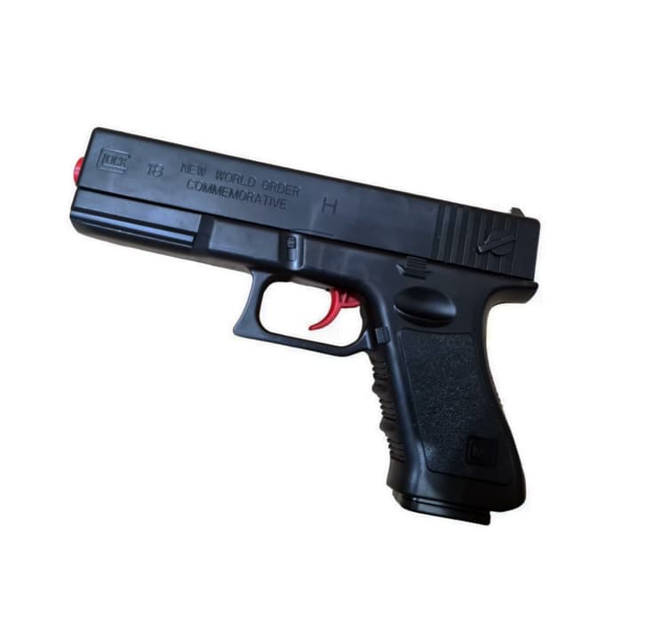 Pistol de jucarie tip Glock 18, incarcare manuala, 18 cm, 3 gloante moi din spuma cu ventuza, bile de gel orbeez si bile flexibile de silicon, negru lucios — principală