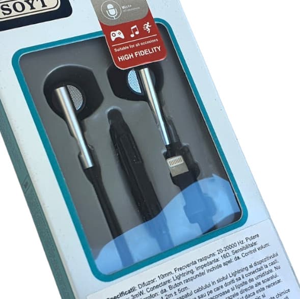 Casti audio cu microfon SOYT ST-1131, conector Lightning pentru iPhone/iPad, negre — principală