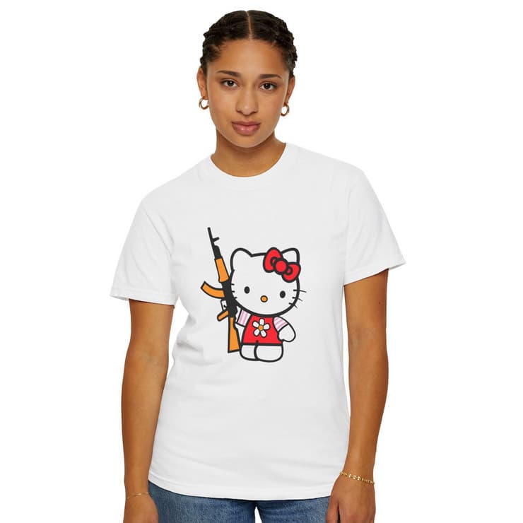 Tricou personalizat alb, copii/adulti, design Kitty with gun, modal, diverse marimi — principală