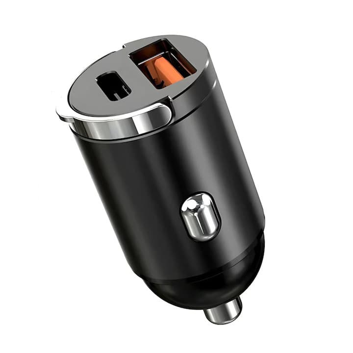 Mini incarcator auto IDK PD-04, dual port USB + PD, 30W, 3A, negru — principală