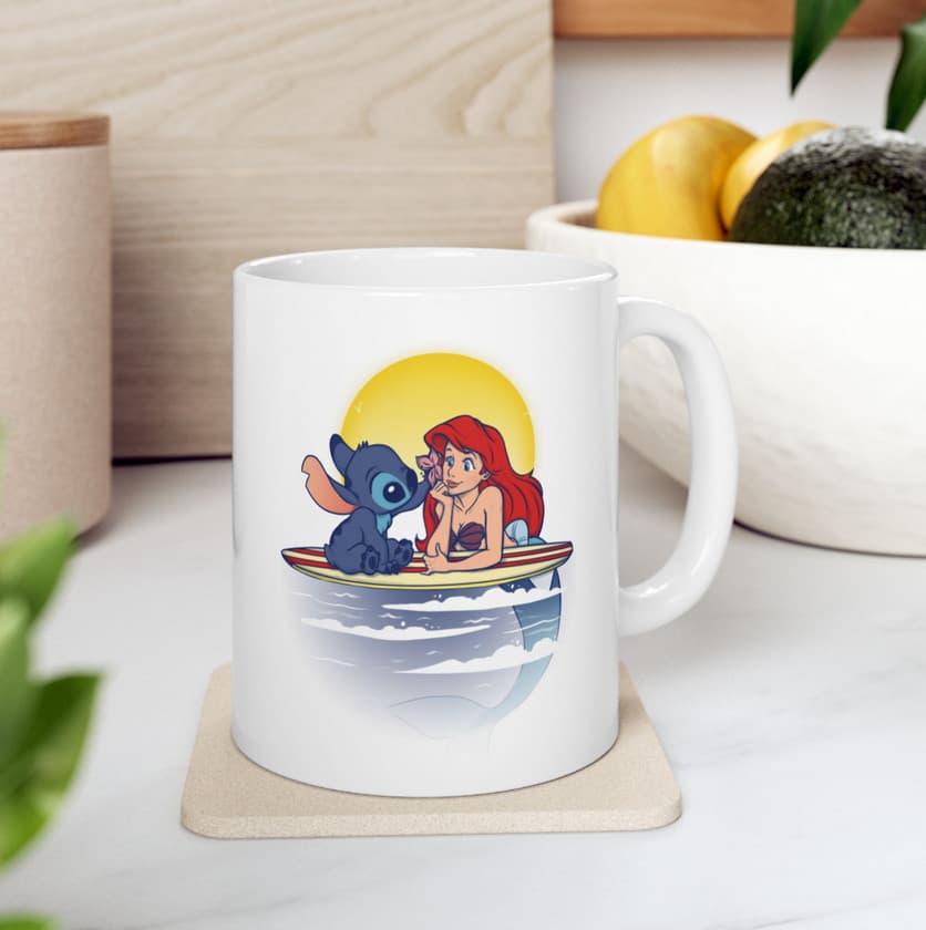 Cana ceramica personalizata, design Stitch si Sirena, 330 ml, alba — 2