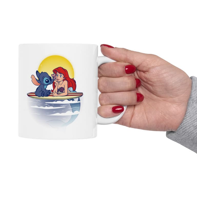 Cana ceramica personalizata, design Stitch si Sirena, 330 ml, alba — 5