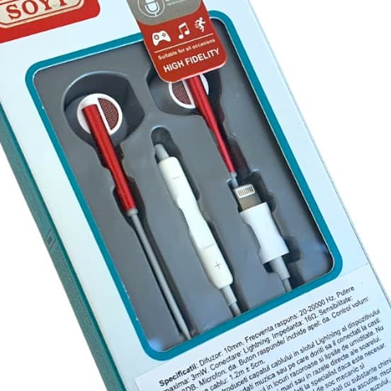 Casti audio cu microfon SOYT ST-1131, conector Lightning pentru iPhone/iPad, alb/rosu — principală