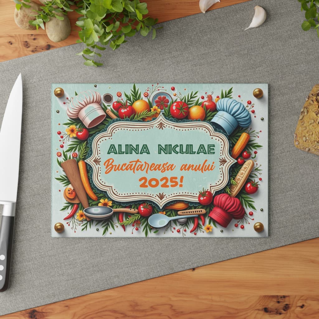 Tocator de sticla, 27 x 18 cm, personalizabil cu nume si mesaj — varianta 4