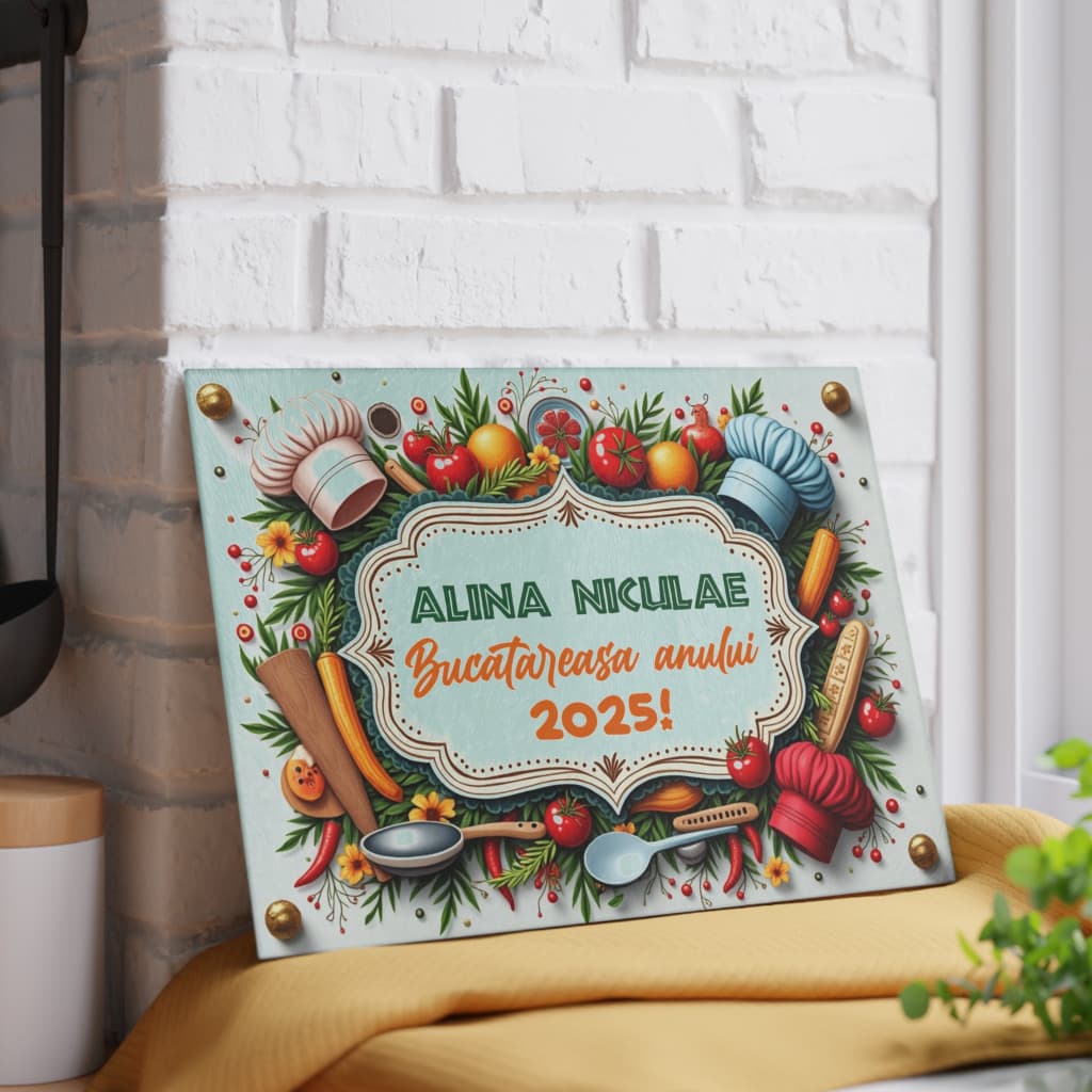 Tocator de sticla, 27 x 18 cm, personalizabil cu nume si mesaj — varianta 5