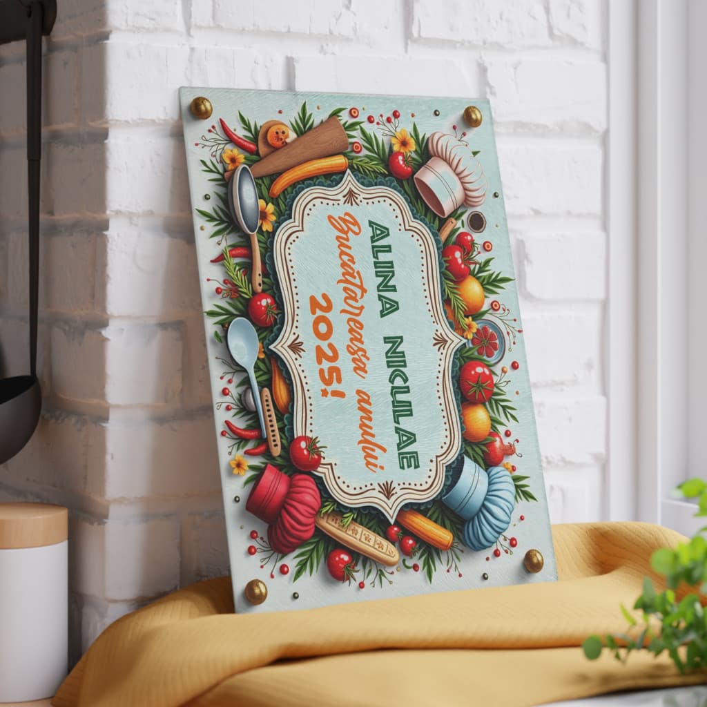 Tocator de sticla, 27 x 18 cm, personalizabil cu nume si mesaj — varianta 6