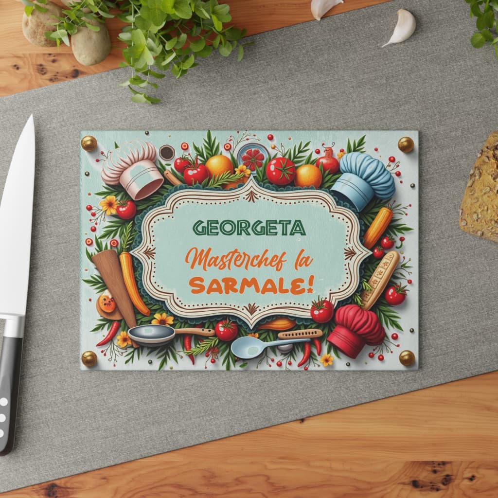 Tocator de sticla, 27 x 18 cm, personalizabil cu nume si mesaj — varianta 7