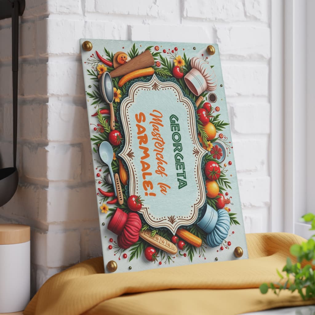 Tocator de sticla, 27 x 18 cm, personalizabil cu nume si mesaj — varianta 8