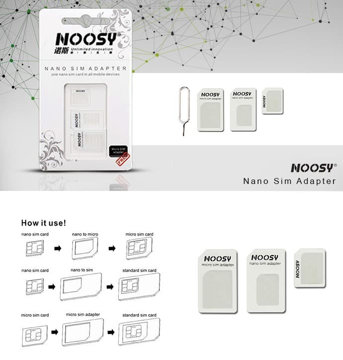 Set adaptoare SIM-uri NOOSY 4 in 1, include 3 adaptoare si un ac pentru extragere SIM — 3
