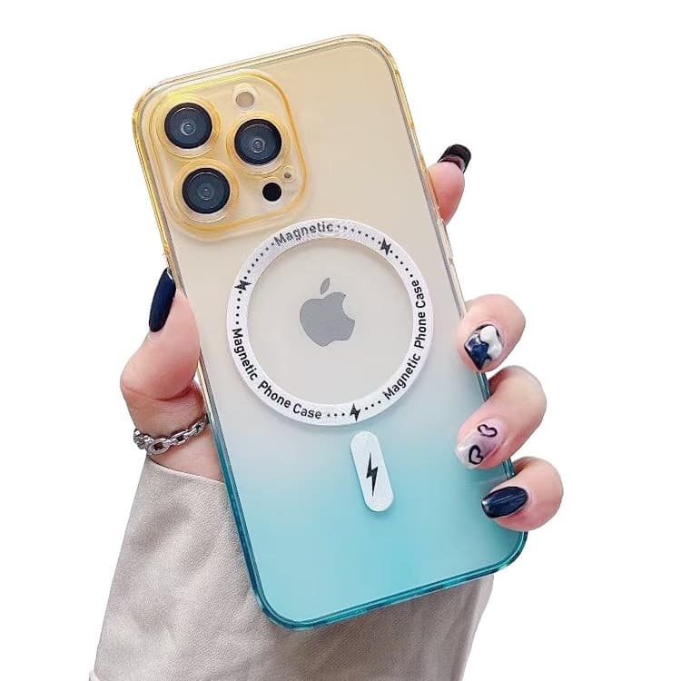 Husa Apple iPhone 14, Magsafe Gradient TPU, geam protectie camere, albastru/portocaliu — principală
