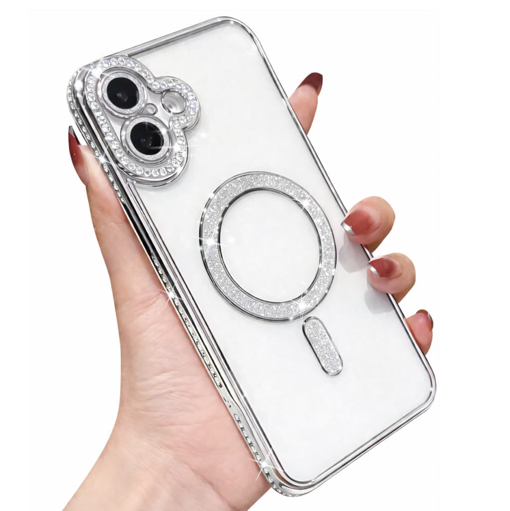 Husa Apple iPhone 16, Electroplating Bling Magsafe, protectie camera, margini argintii — principală