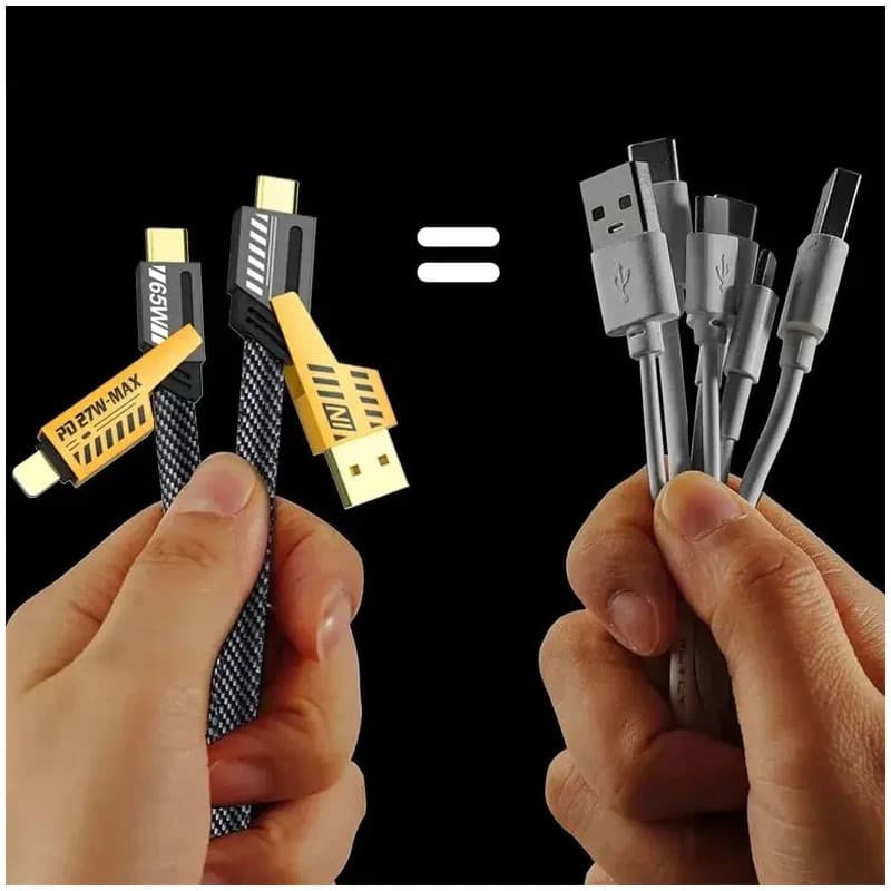 Cablu de date si incarcare 4 in 1, USB / Type C / Lightning, maxim 65W, impletit, plat, capete metalice — 3