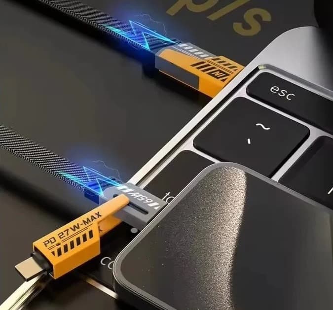 Cablu de date si incarcare 4 in 1, USB / Type C / Lightning, maxim 65W, impletit, plat, capete metalice — 4
