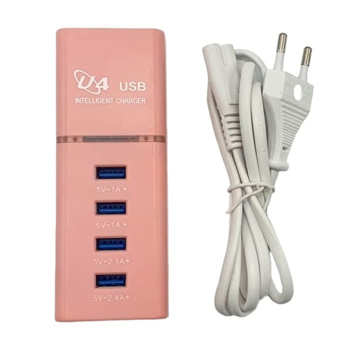 Incarcator casa U4, 4 porturi USB 5V - 2.4A, cablu prelungitor 1 metru, roz — principală