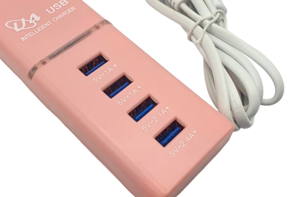 Incarcator casa U4, 4 porturi USB 5V - 2.4A, cablu prelungitor 1 metru, roz — varianta 2