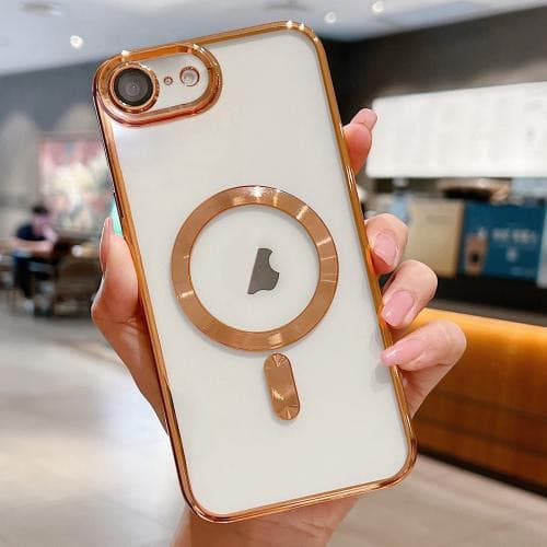 Husa Apple iPhone 16e, Magsafe Electroplating TPU, protectie camera, margini aurii — varianta 2