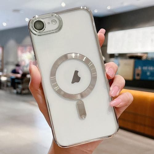 Husa Apple iPhone 16e, Magsafe Electroplating TPU, protectie camera, margini argintii — varianta 2