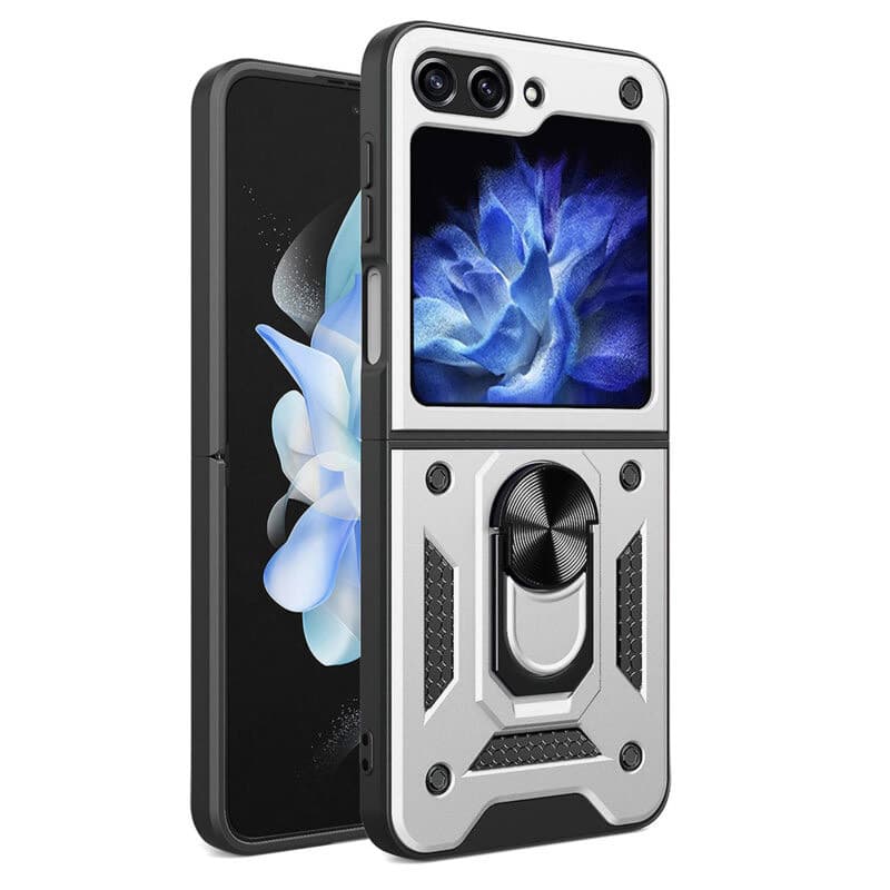 Husa Samsung Galaxy Z Flip6, Camshield Armor, inel sustinere, protectie camera, argintie — principală