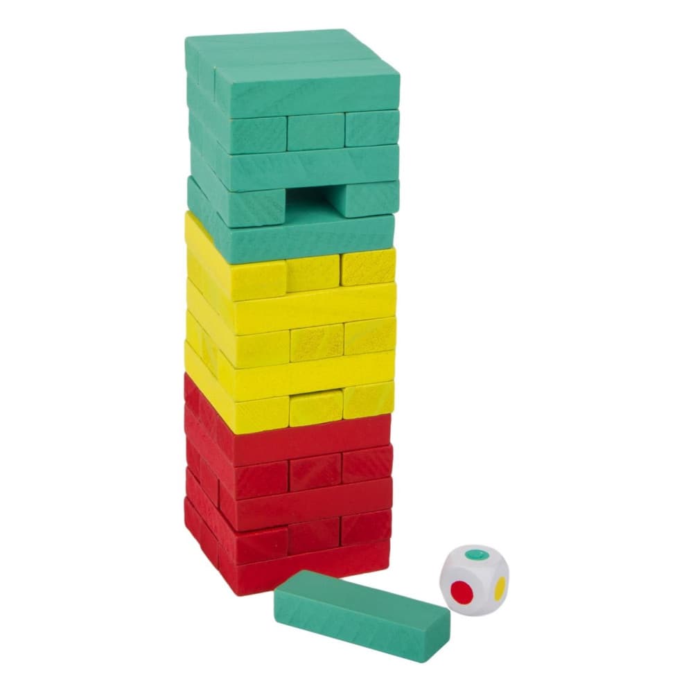 Joc de societate Turnul Instabil (Tumblin Tower), 45 piese de lemn colorate si zar — principală