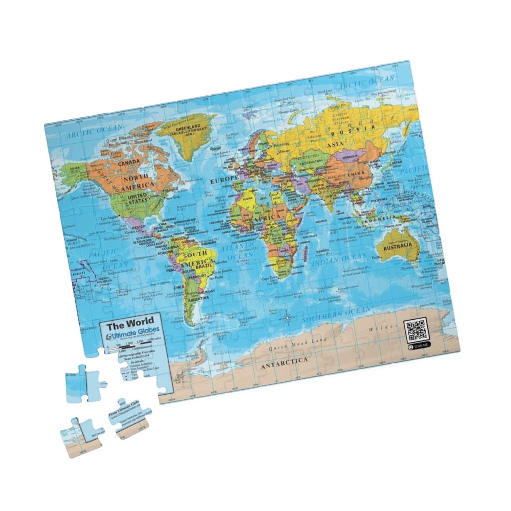 Puzzle 120 piese, 20 x 29 cm, carton alb perlat, harta lumii — principală