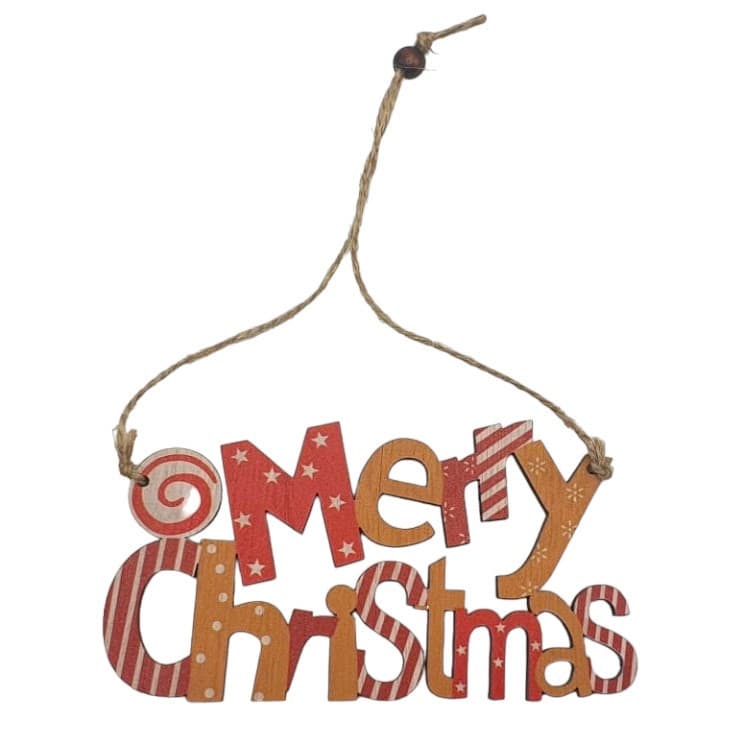 Decoratiune Craciun din lemn, Merry Christmas, rosu/portocaliu — principală