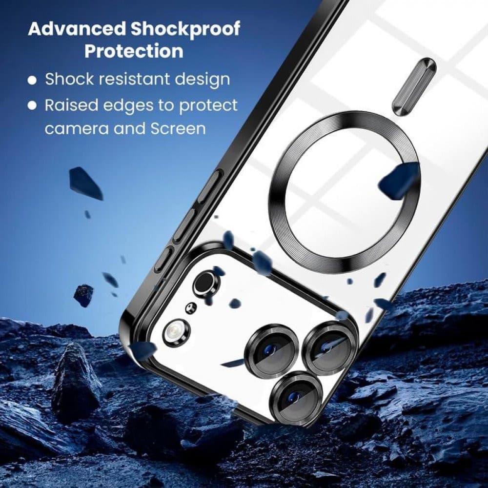 Husa Apple iPhone 17 Pro, Magsafe Electroplating TPU, protectie camera, margini albastre — varianta 2