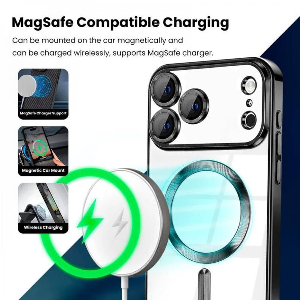 Husa Apple iPhone 17 Pro, Magsafe Electroplating TPU, protectie camera, margini albastre — varianta 3