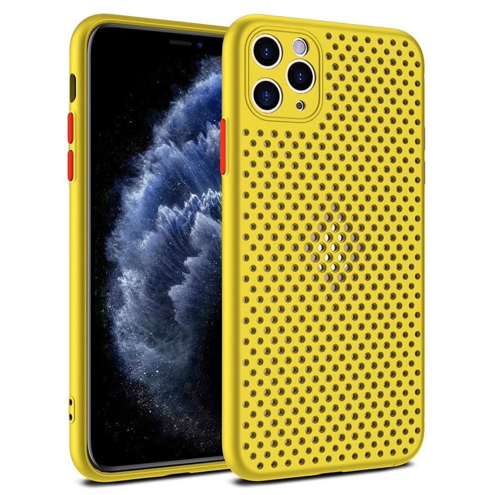 Husa Breath Case pentru Apple iPhone X/XS, silicon moale cu perforatii, galbena — principală