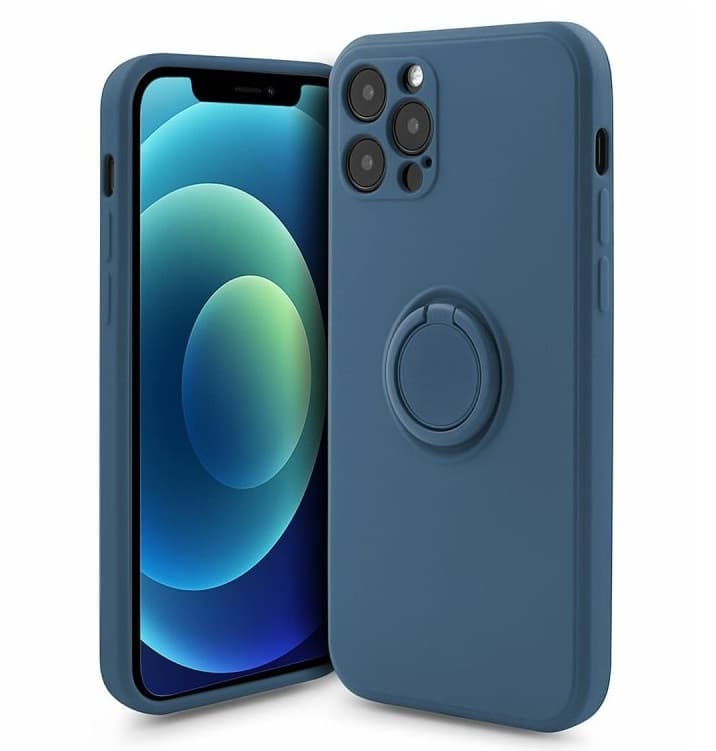 Husa Apple iPhone 12, Ring Silicone, suport sustinere rotativ, catifea in interior, albastra — principală