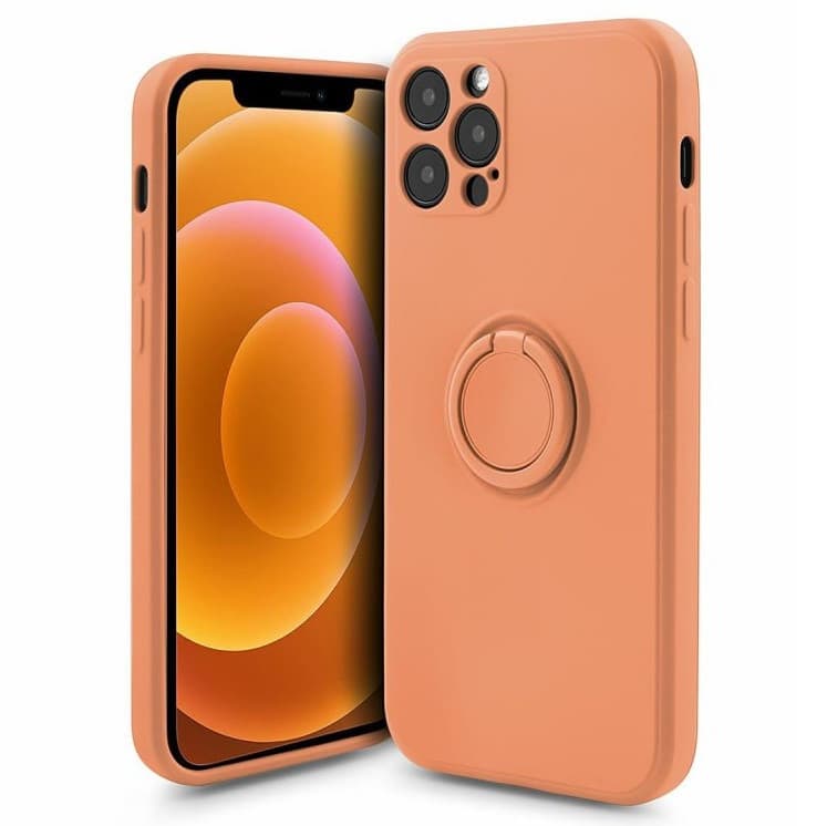Husa Apple iPhone 12, Ring Silicone, suport sustinere rotativ, catifea in interior, portocalie — principală