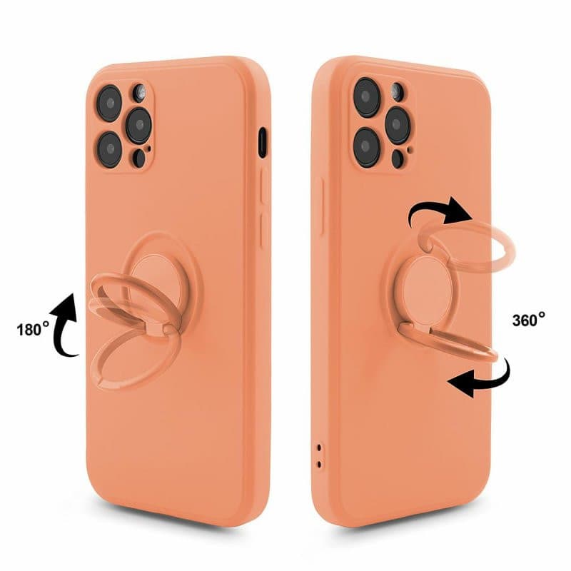 Husa Apple iPhone 12, Ring Silicone, suport sustinere rotativ, catifea in interior, portocalie — varianta 4