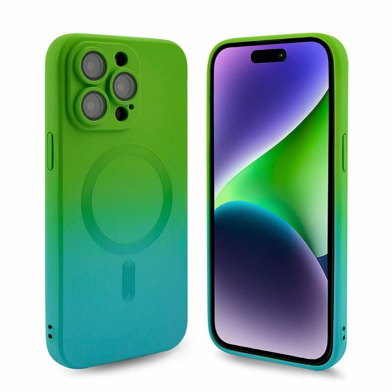 Husa Apple iPhone 13 Pro, Magsafe Ombre Silicone, geam protectie camere, verde/albastru — 3
