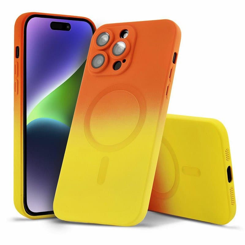 Husa Apple iPhone 14 Plus, Magsafe Ombre Silicone, geam protectie camere, portocaliu/galben — principală
