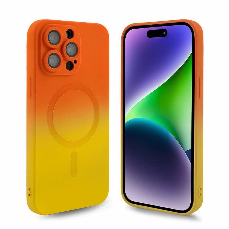 Husa Apple iPhone 14 Plus, Magsafe Ombre Silicone, geam protectie camere, portocaliu/galben — varianta 3