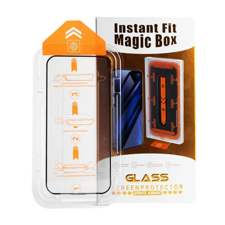 Folie sticla Apple iPhone 16 Plus, Full Glue, Instant Fit Magic Box, kit instalare rapida, margini negre