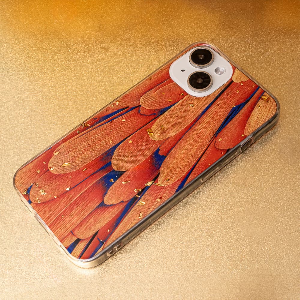 Husa Apple iPhone 15 Pro, Gold Glam, Orange Feathers — varianta 2