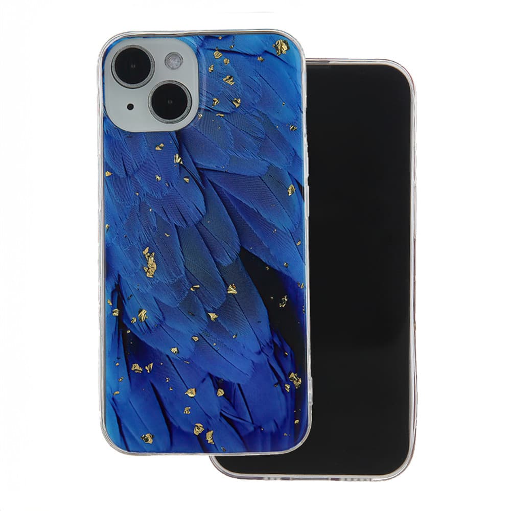 Husa Apple iPhone 15, Gold Glam Blue Feathers — principală