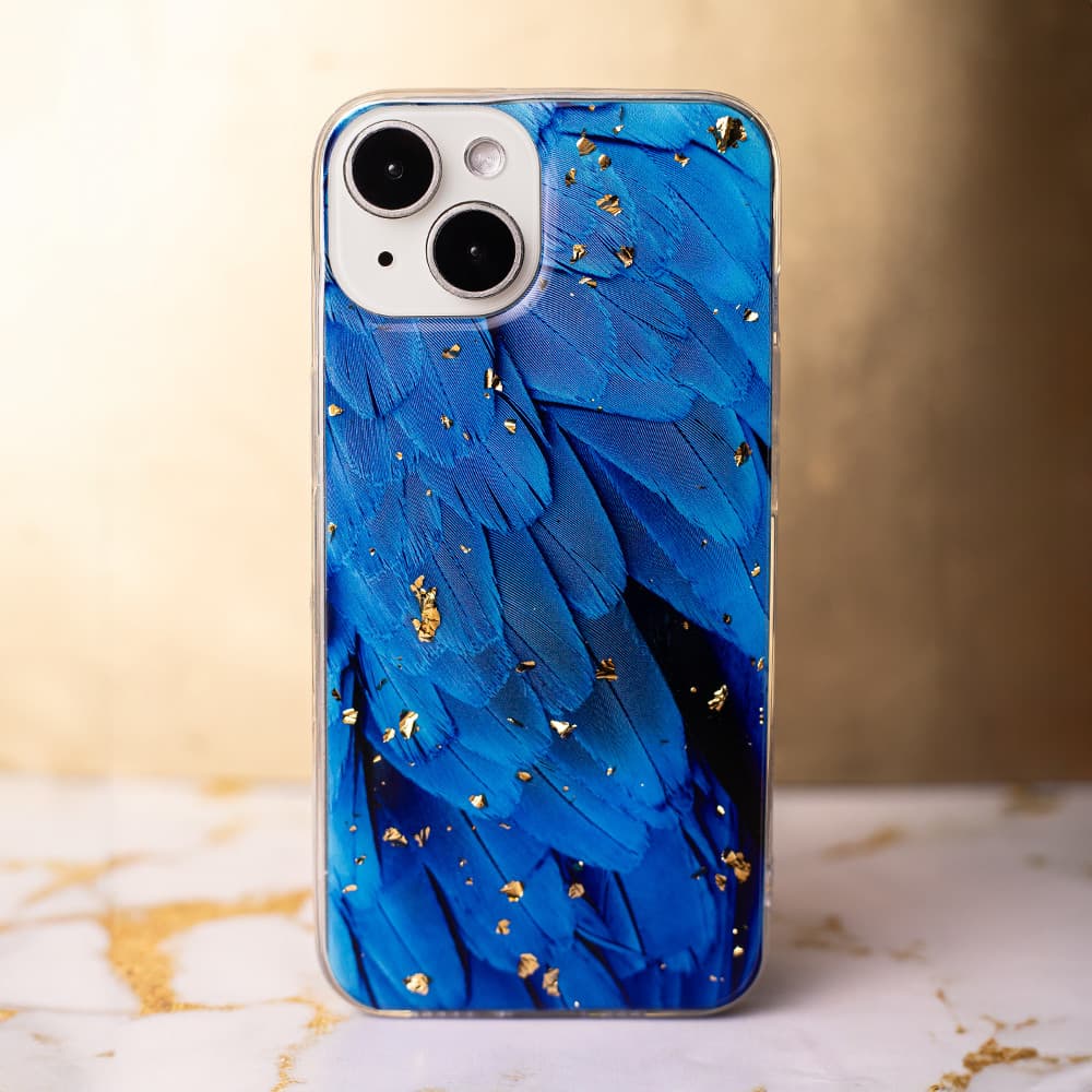 Husa Apple iPhone 15, Gold Glam Blue Feathers — varianta 3