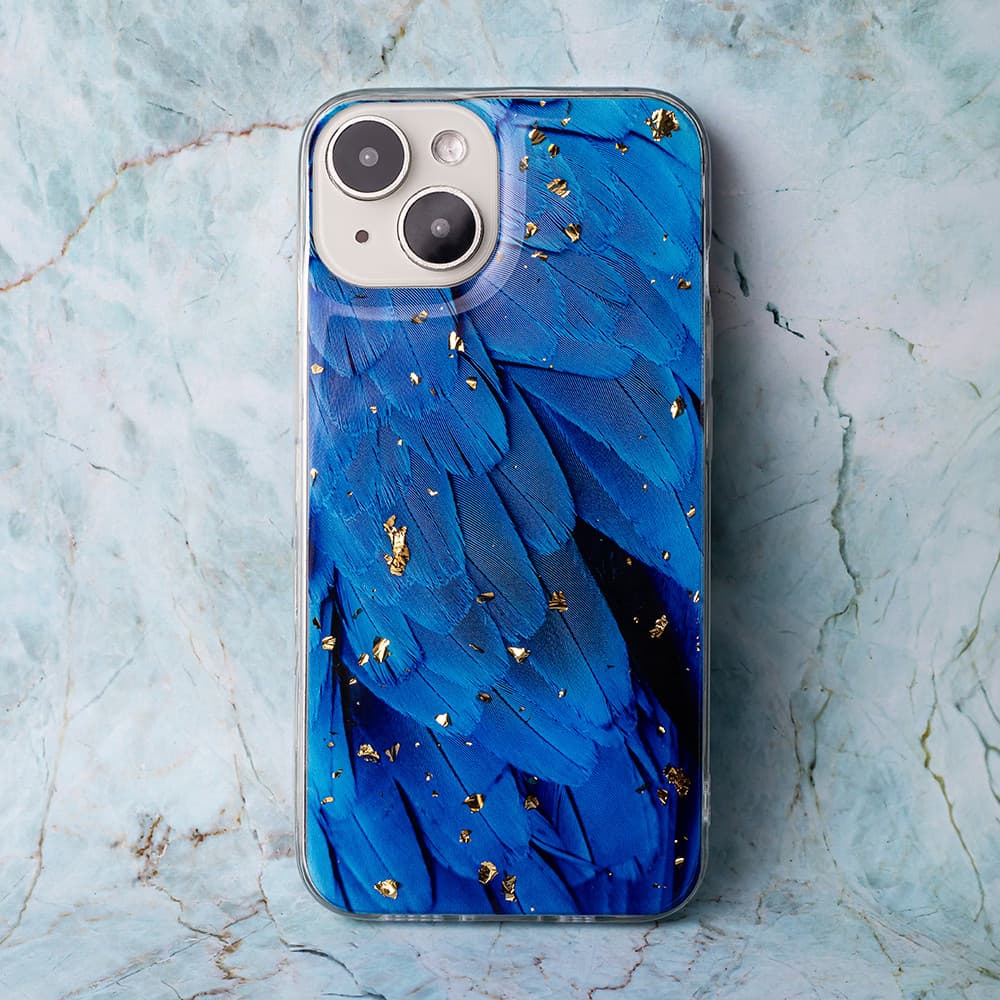 Husa Apple iPhone 15, Gold Glam Blue Feathers — varianta 4