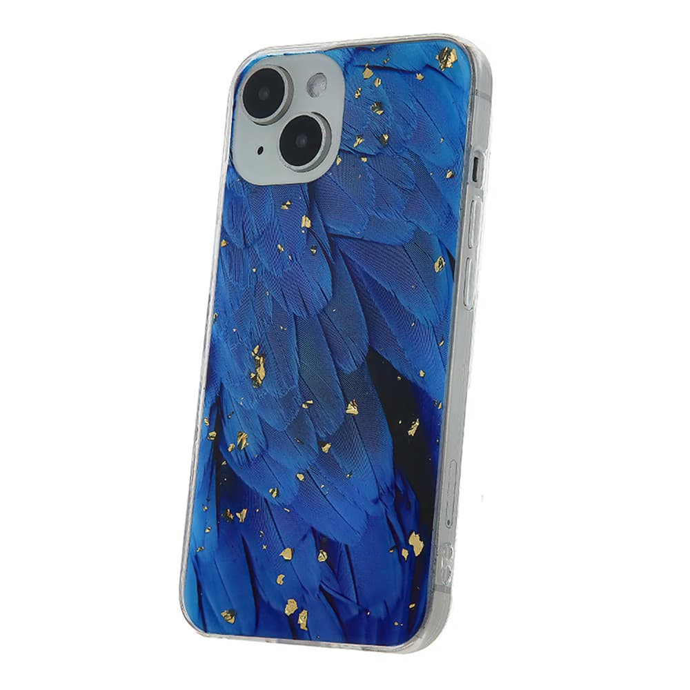 Husa Apple iPhone 15, Gold Glam Blue Feathers — varianta 7