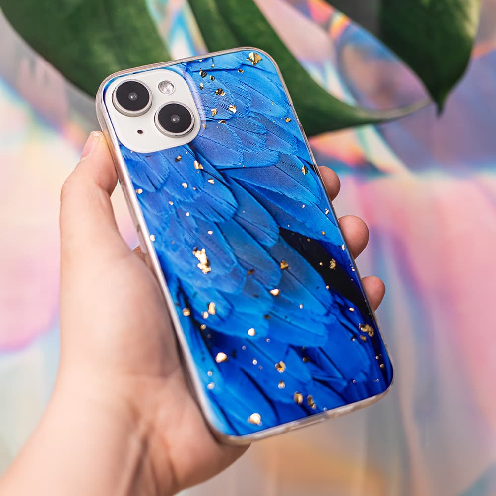 Husa Apple iPhone 15 Pro, Gold Glam Blue Feathers — varianta 2