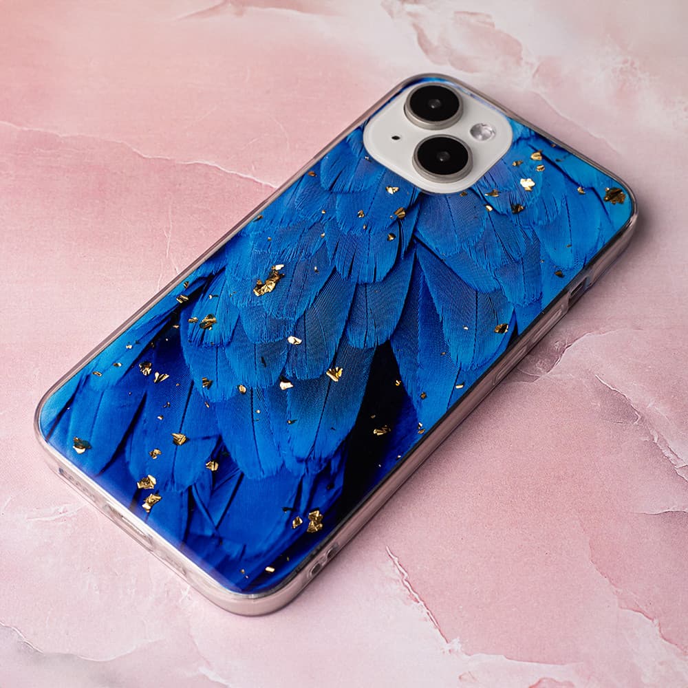 Husa Apple iPhone 15 Pro, Gold Glam Blue Feathers — varianta 5