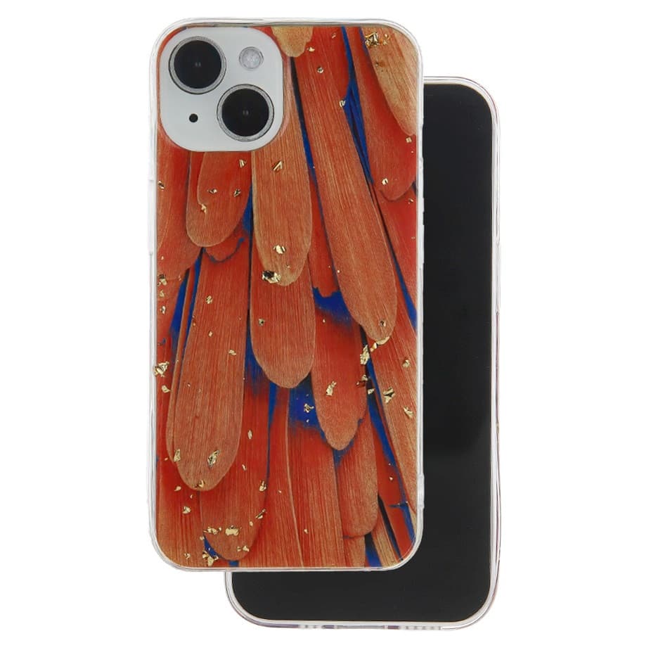 Husa Apple iPhone 15, Gold Glam, Orange Feathers — principală