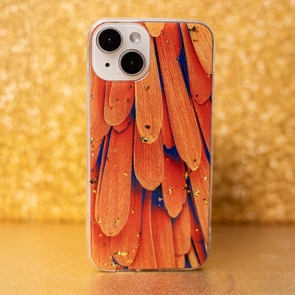 Husa Apple iPhone 15, Gold Glam, Orange Feathers — varianta 3