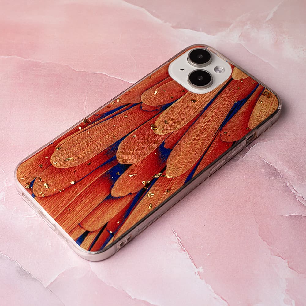 Husa Apple iPhone 15, Gold Glam, Orange Feathers — varianta 4