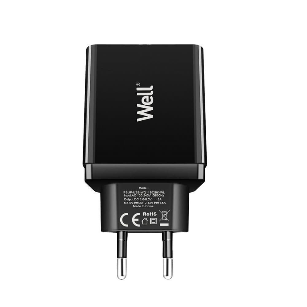 Incarcator casa Well,  1 x USB-A QC3.0, 18W/3A, bulk, negru — principală