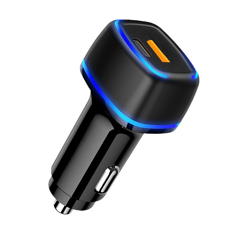 Incarcator auto cu 1 port PD/Type C si 1 port USB, maxim 3A, lumina LED albastra, negru — principală