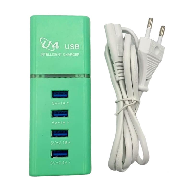 Incarcator casa U4, 4 porturi USB 5V - 2.4A, cablu prelungitor 1 metru, verde — principală